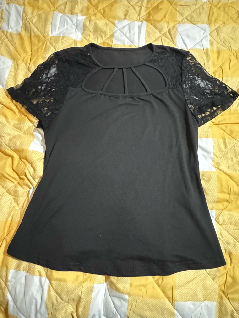 SHEIN Black Lace-Sleeve Short Sleeve Top with Keyhole Detail
